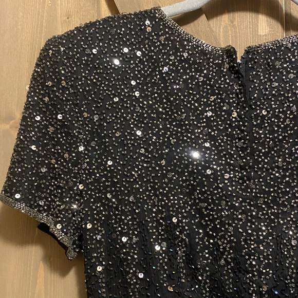 Stenay Formal Maxi Silk Gown Black Sequin Beaded Short Sleeve Sz 10 Vintage 80’s - Picture 11 of 16